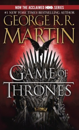  Book cover of 'A Game of Thrones'. Cover is dark, with the Iron Throne behind the title. The Iron Throne is made of swords and is a key component.
