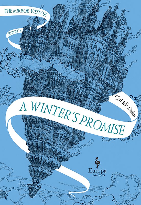 The book has a blue cover. The author and book title is ribboned around a drawing of a castle which floats among clouds.