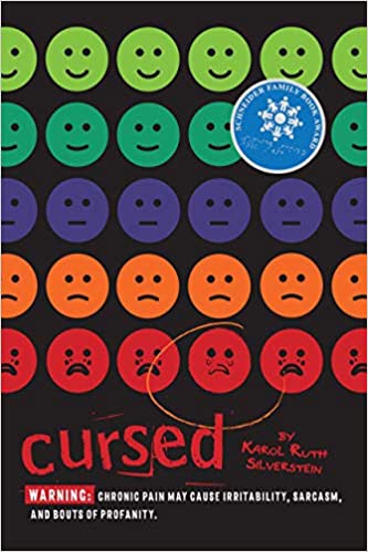 The book cover of Cursed shows a chart of cartoon faces on a scale of happy to sad, much like a 'rate your pain scale' given by doctors to people experiencing pain. The faces change colour, green is happy and red as sad.