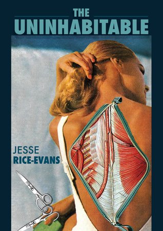 Cover of 'The Uninhabitable'. A picture of a woman's back, with an undone zip exposing her spine and organs. She is holding her hair out of the way in one hand and a pair of scissors in the other. The title is above in blue.